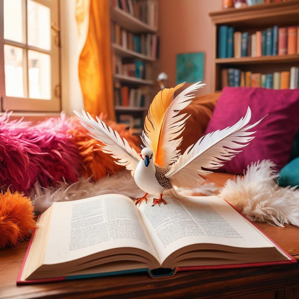 A vibrant and whimsical illustration of an open book spilling colorful, playful imagery representing both cheerful and sultry themes. In the background, a soft, inviting ambiance infused with warm colors creates a cozy reading nook, featuring playful decor and enticing elements like feathers and lace. Characters in playful, flirtatious poses can be seen subtly interwoven within the book's pages. The overall scene reflects joy and allure, inviting curiosity and imagination. vibrant colors. cozy ambiance. illustration.