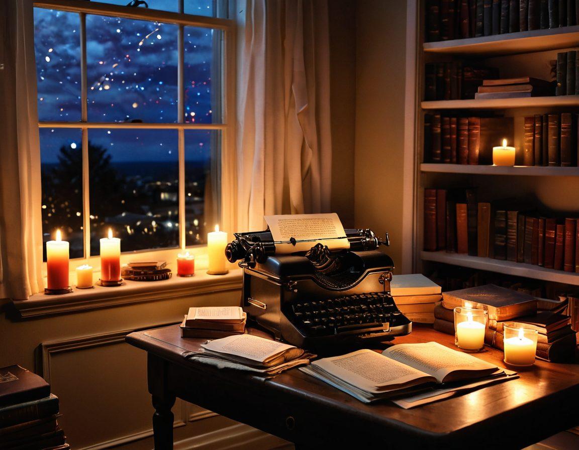 A softly lit, cozy writing nook featuring a vintage typewriter with crumpled papers scattered around, surrounded by candles that cast warm glows. In the background, a bookshelf filled with romantic books and art pieces that evoke passion. A window reveals a starlit night sky, hinting at inspiration fueling creativity. The scene bathes in earthy tones with hints of red to symbolize desire. super-realistic. warm colors. intimate atmosphere.