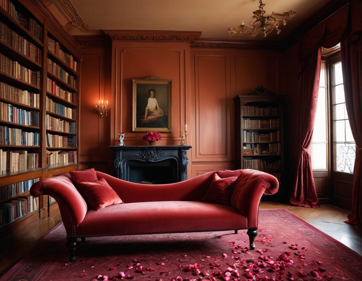 An enticing library filled with books that have vibrant, erotic covers, bathed in warm, sultry lighting. A plush velvet chaise lounge sits in the center, inviting exploration, surrounded by soft drapes that hint at intimacy. Delicate rose petals scattered on the floor add a touch of romance. Shadows play sensually across the walls. The atmosphere is a blend of mystery and allure. super-realistic. warm tones. rich textures.